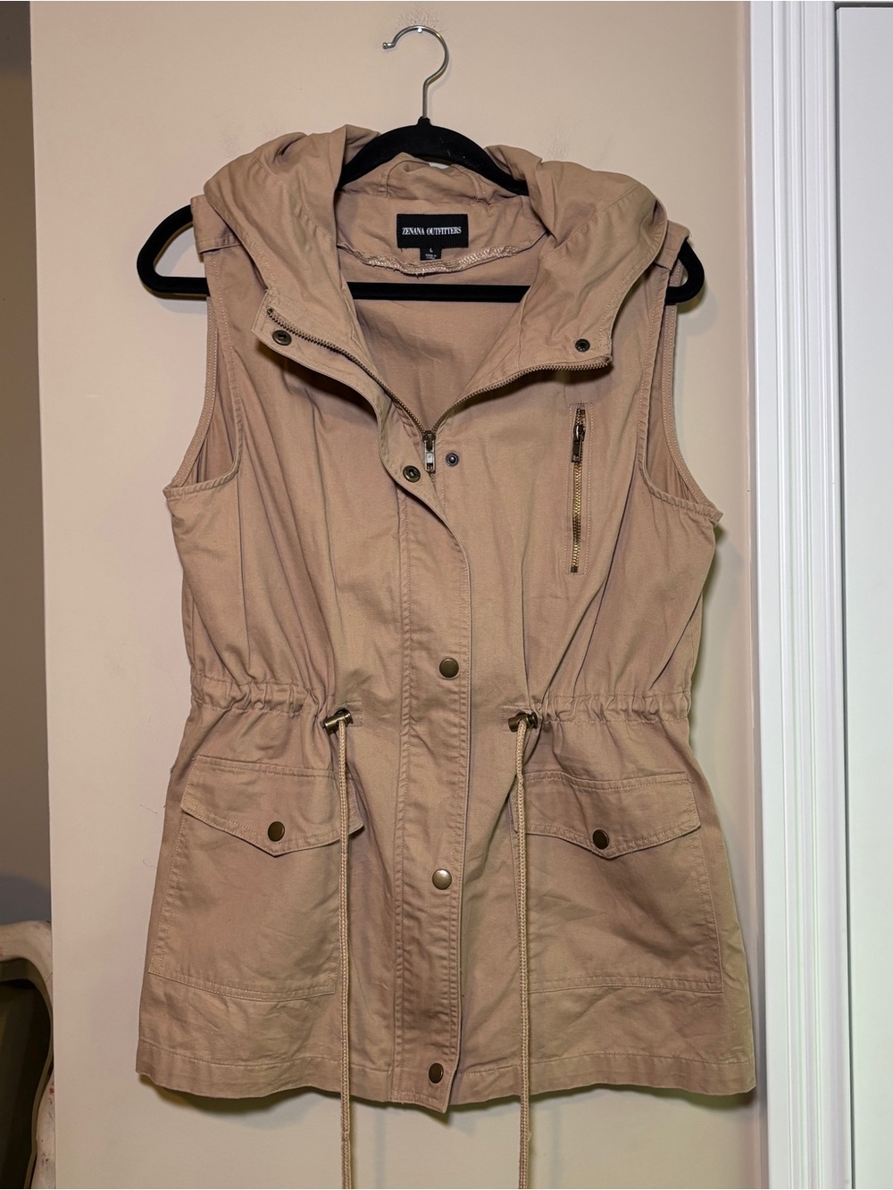 Hooded Sleeveless Drawstring Vest - Beige
